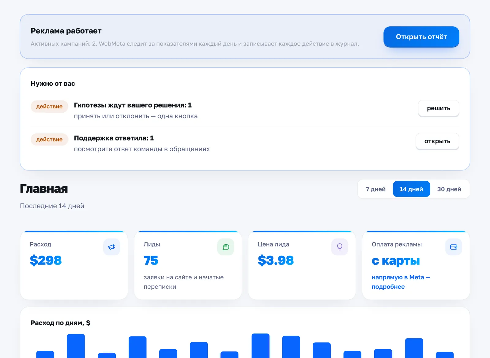 WebMeta: кабинет клиента с расходом и заявками